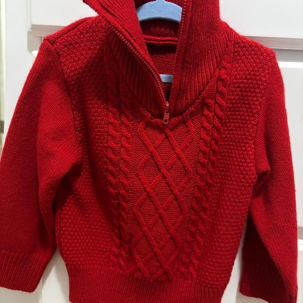 SHEIN Red Cable Knit Diamond Pattern Quarter Zip Sweater Kids Size 2-3Y